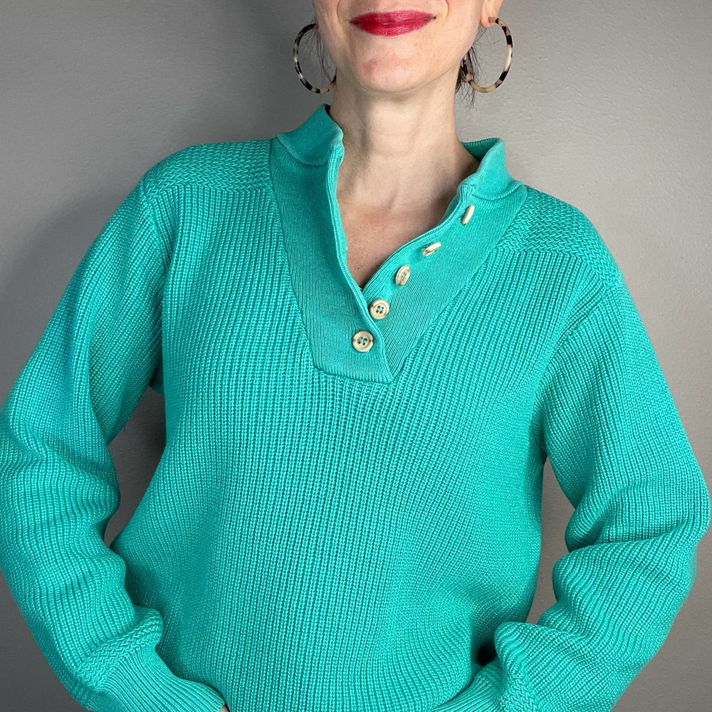 Vintage 90s button henley pullover sweater chunky knit grandpa cotton teal green - Picture 13 of 17